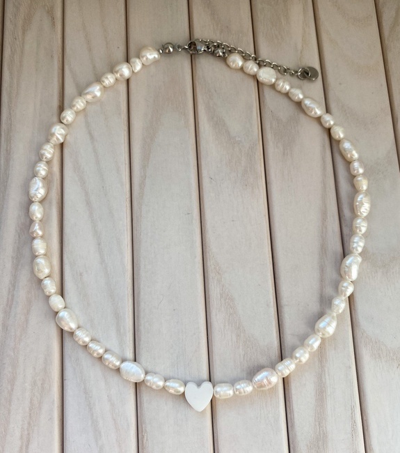 Кольє чокер із натуральними перлами Серце біле (бісквіт) kp4sl, Білий
