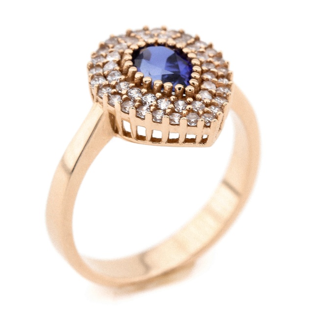 Золоте кільце Крапля з синім та білим камінням класика КК11138, 18 розмір, 18, Білий|Синій