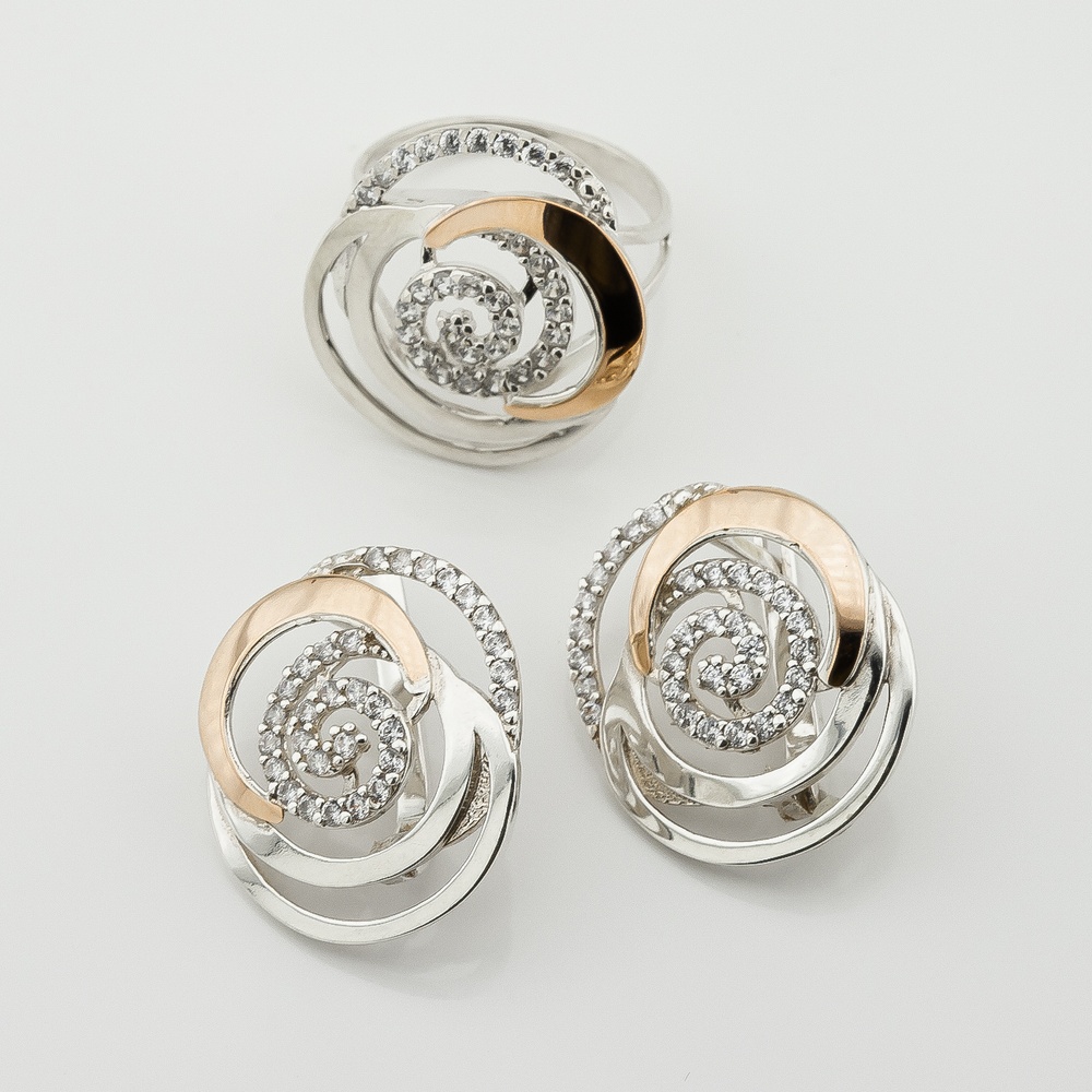 Серебряные серьги круглые с фианитами с золотыми накладками с698ф