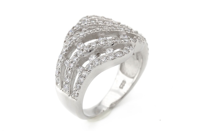 Срібний перстень Хвилі з фіанітами СК11105, 16,5 розмір, 16-5, Білий