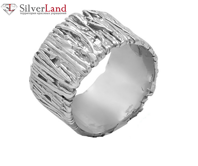 Широкое серебряное кольцо структуры дерева без вставок родированное Арт. mk232
