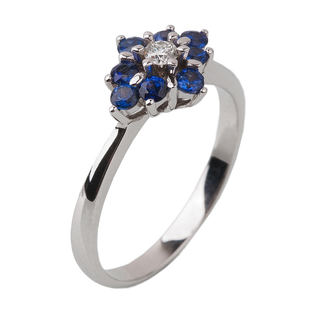 Кольцо из белого золота Цветочек с синими сапфирами и бриллиантами RO07966, 17 размер