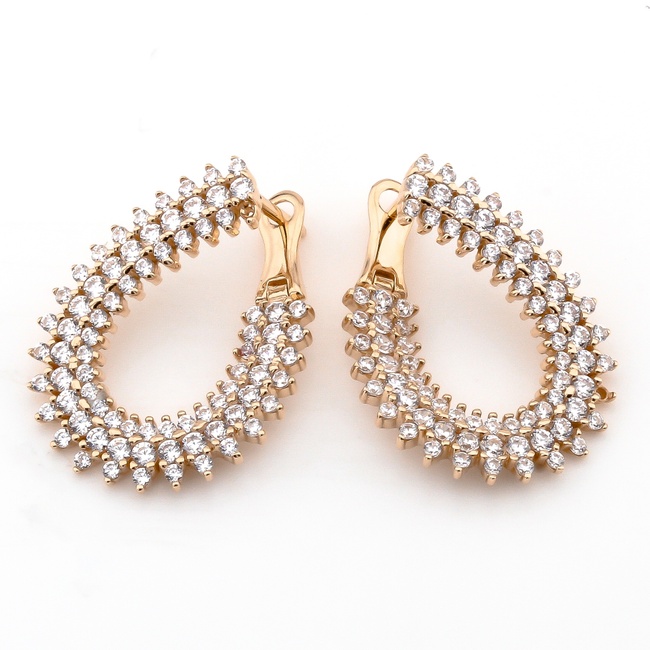 Золотые серьги-кольца Капли с белыми фианитами C121211, Белый