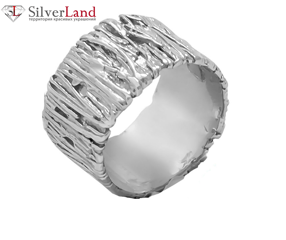 Широкое серебряное кольцо структуры дерева без вставок родированное Арт. mk232