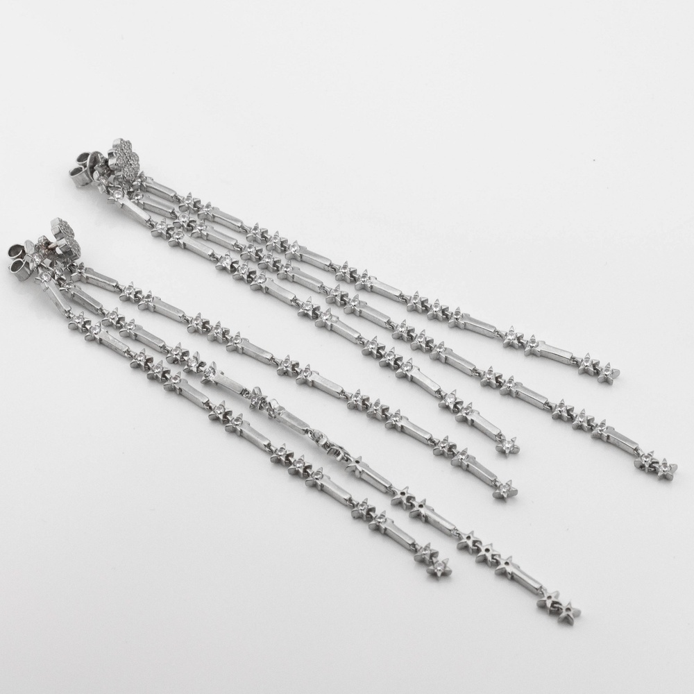 Серебряные серьги длинные Клевер Звезды с фианитами c121512