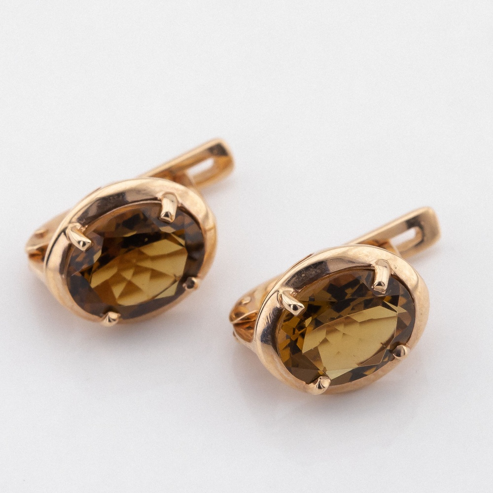 Золоті сережки камені Овали з бренді топазом 12009btop, Коричневий