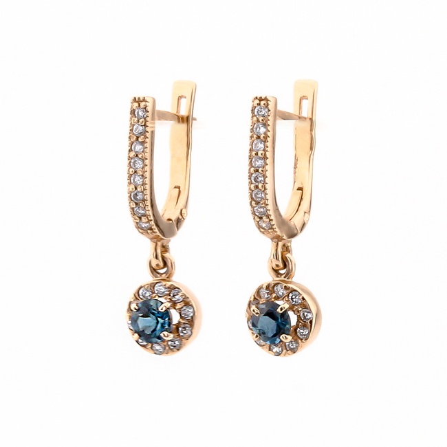 Золоті сережки-підвіски круглі з синім лондон топазом та фіанітами доріжкою 12779lontop, Синій