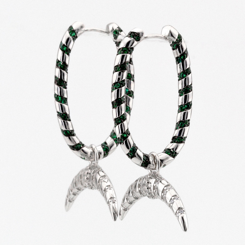 Серебряные серьги-кольца"Полумесяц" с зелеными фианитами с подвеской C121083, Зеленый|Белый