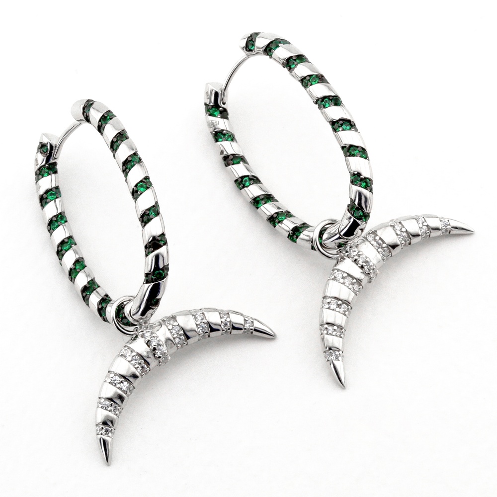 Срібні сережки-кільця "Півмісяць" з зеленими фіанітами з підвіскою C121083, Зелений|Білий