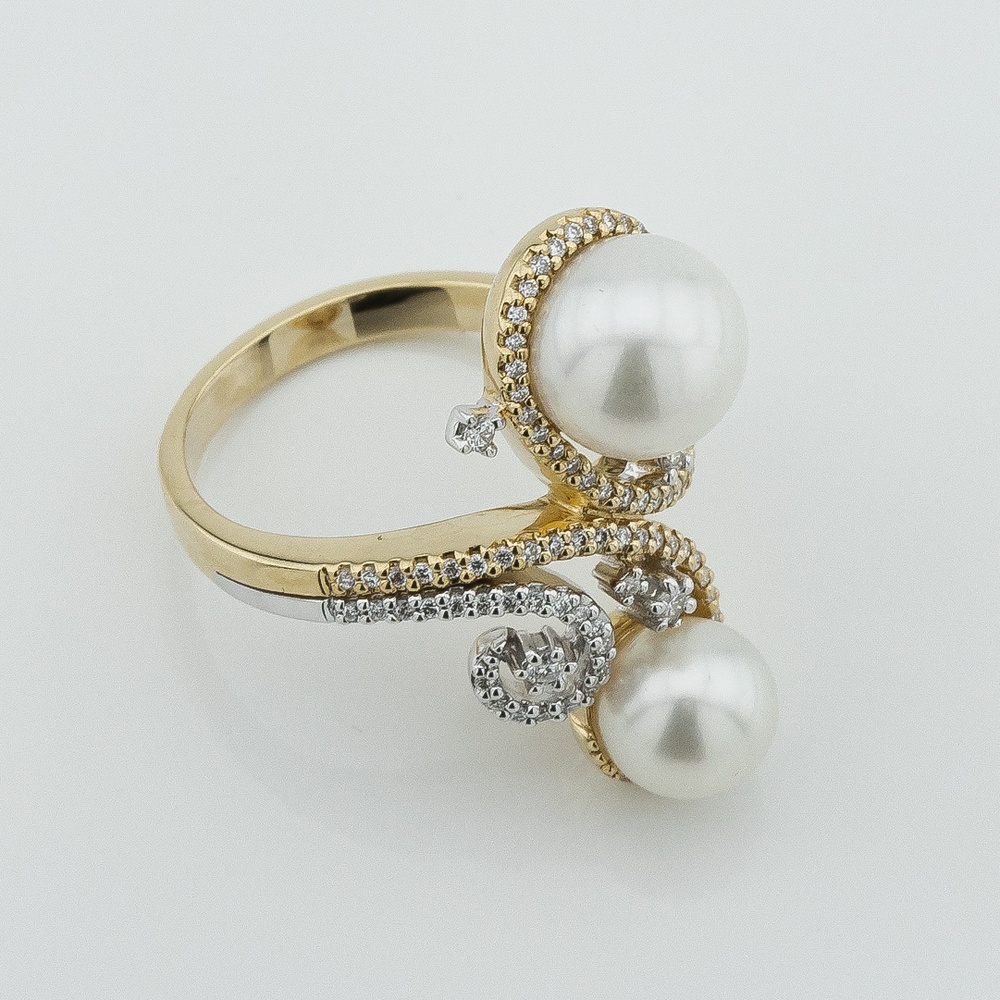 Золоте кільце фігурне з перлами та діамантами к002-0673,17,5 розмір