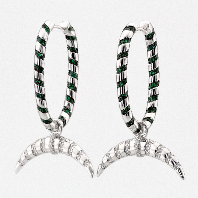 Серебряные серьги-кольца"Полумесяц" с зелеными фианитами с подвеской C121083, Зеленый|Белый