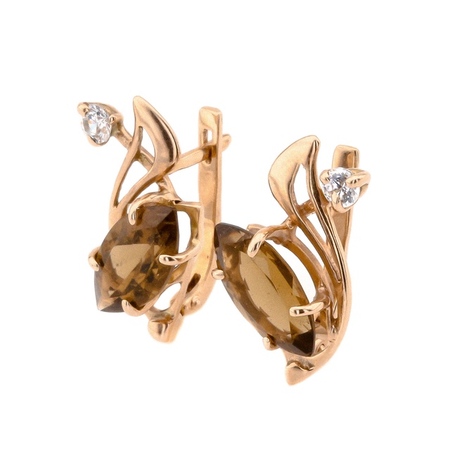 Золоті класичні сережки з бренді топазом форми маркіз 12373btp, Коричневий