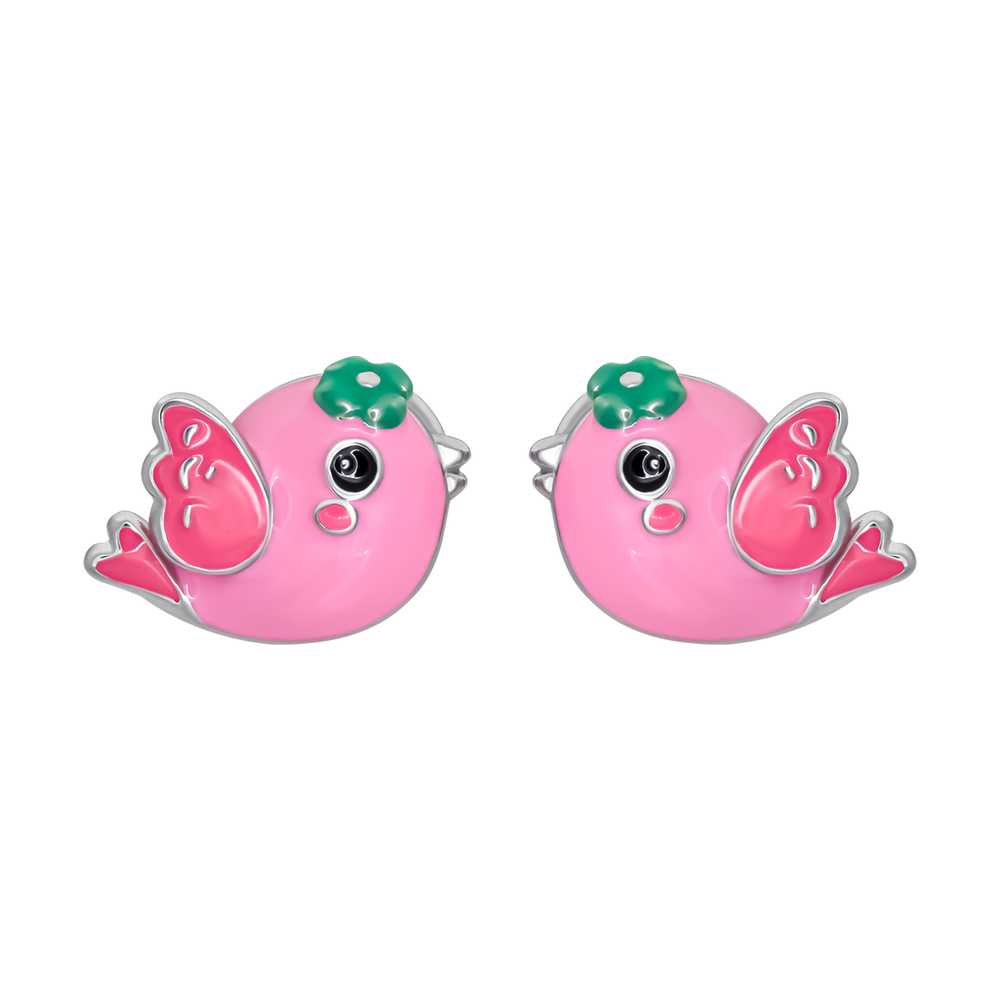 Дитячі сережки-пусети Пташечка із рожевою та зеленою емаллю 2195823006110501, Рожевий, UmaUmi Fly
