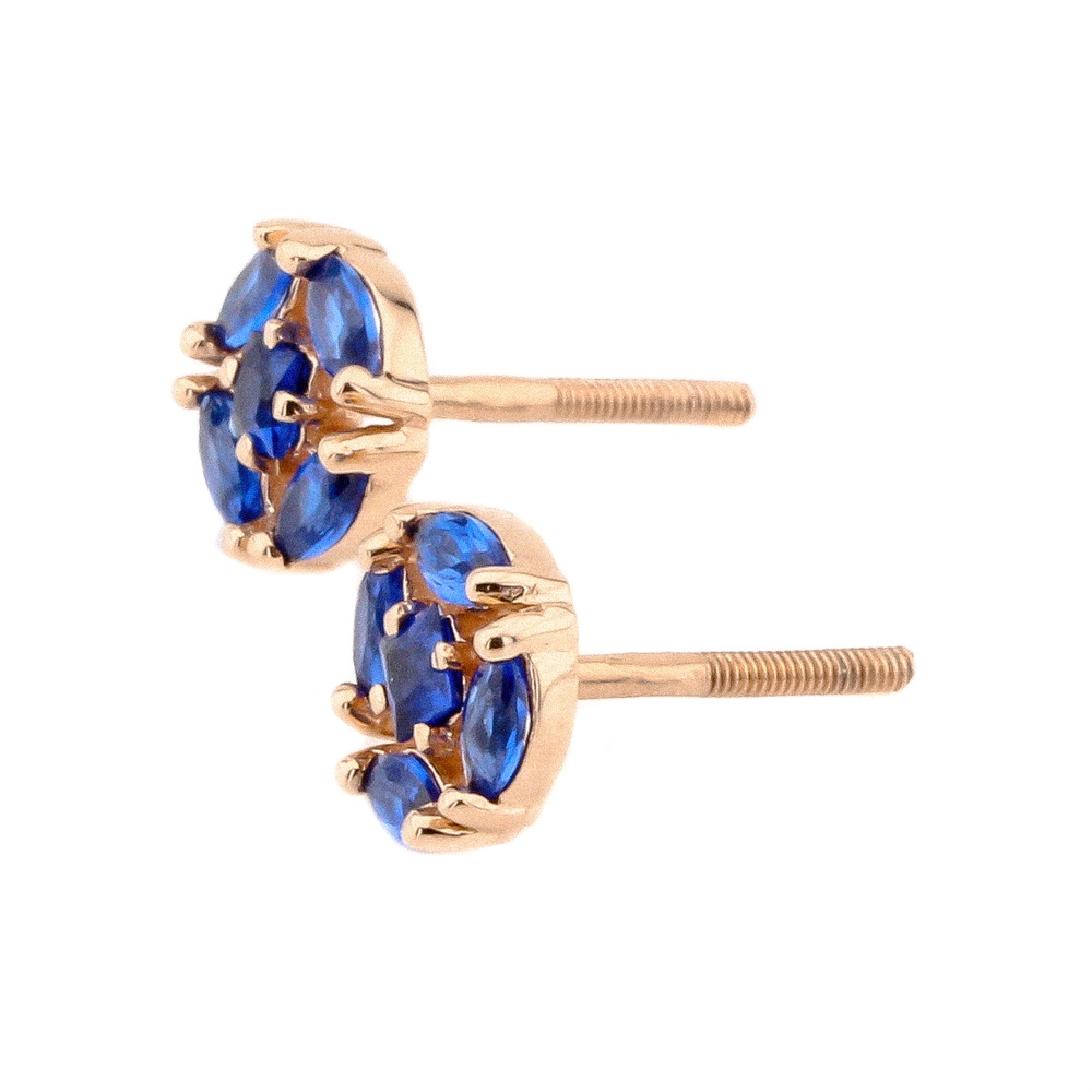 Золотые круглые серьги пусеты с синими фианитами 121061, Синий