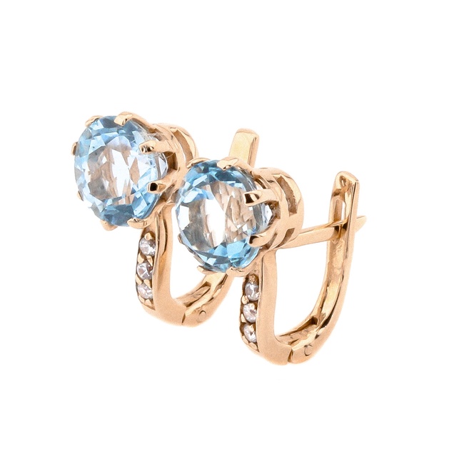 Золоті класичні сережки з круглими топазами вгорі та фіанітами 12946top, Блакитний