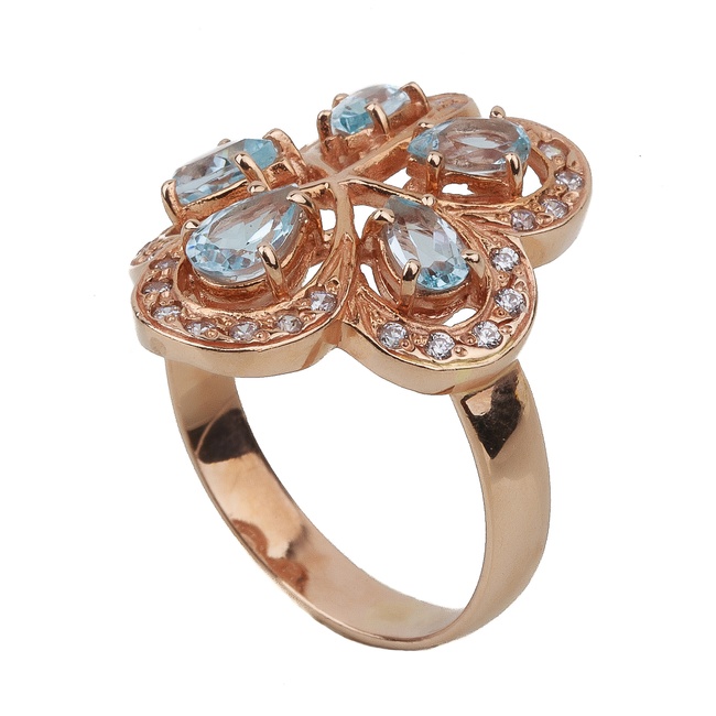 Золотое кольцо в форме цветка с голубыми топазами и фианитами 11951-3, 16 размер