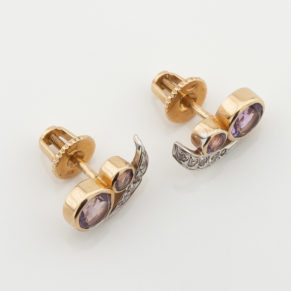 Золотые серьги-гвоздики Кружочки с аметистами и фианитами 121024am, Фиолетовый