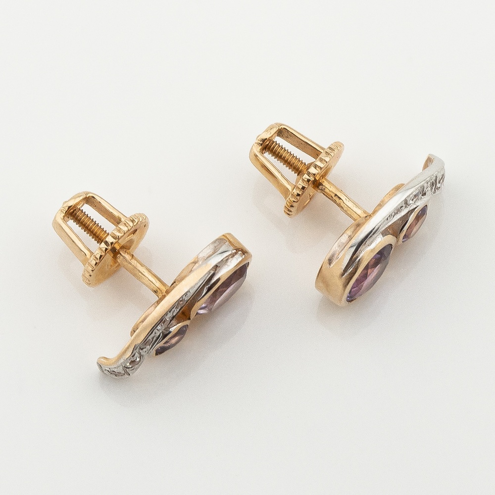 Золоті сережки-гвоздики Кружечки з аметистами та фіанітами 121024am, Фіолетовий
