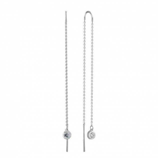Срібні сережки-протяжки довгі подвійні Ланцюжки Кружечок з білим фианітом c23150-Н, Білий