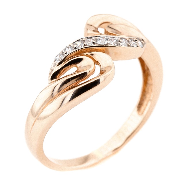 Золотое кольцо красное Завитки с белыми фианитами КК11133, 17,5 размер, 17-5, Белый