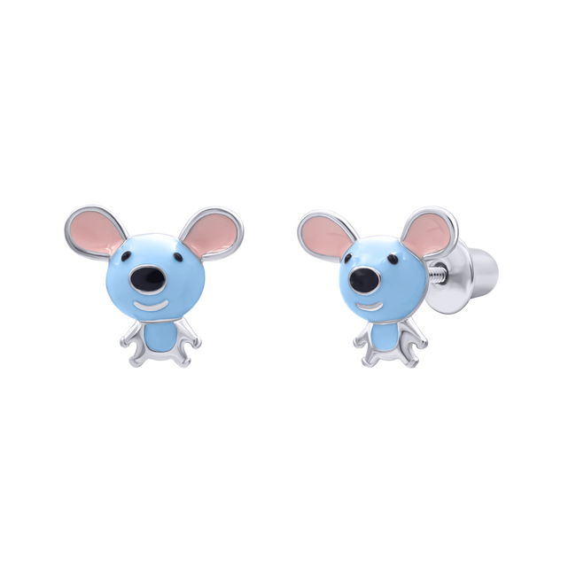 Дитячі срібні сережки пусети Мишка з емаллю блакитні Арт. 2195429006040501
