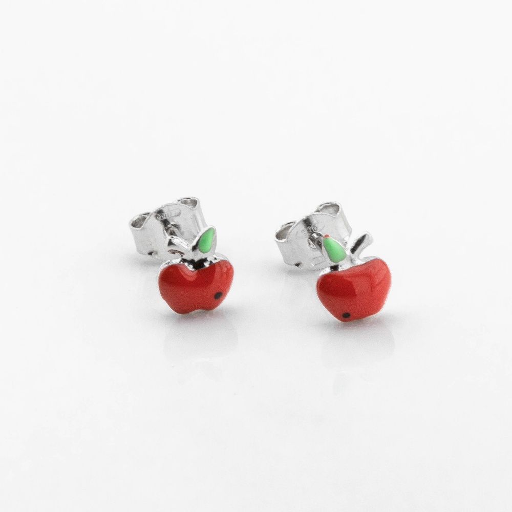 Дитячі срібні сережки-пусети Яблуко червоне з емаллю c121643, Червоний