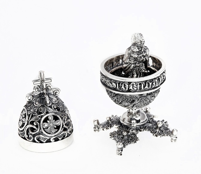 Подсвечник Яйцо Владимирская Божья Матерь из серебра со сьемной статуэткой на магните с чернением 1005-IDE