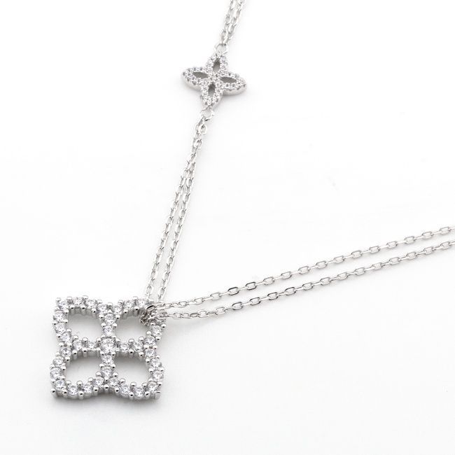 Серебряное двойное колье "Цветок" с белыми фианитами KO14276, 45 размер