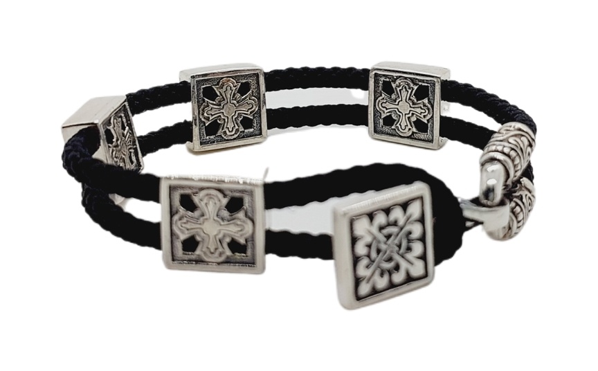 Срібний браслет Хрести 4 із чорнінням на чорному плетеному шнурку 4019-IDE 17 розмір
