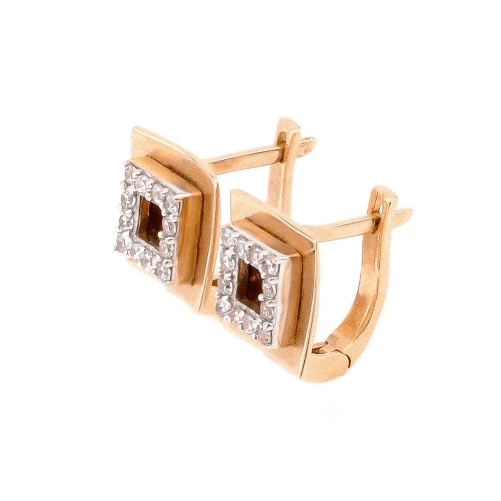 Класичні золоті сережки Квадрати з фіанітами C12457, Білий