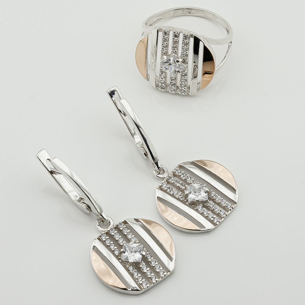 Серебряные серьги-подвески с фианитами с золотыми накладками с937