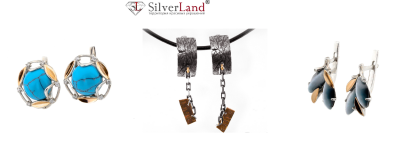 картинка женские серьги серебро с золотом с камнями и без в Сильверленд