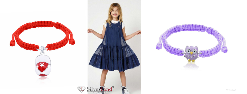 фото дитячі браслети плетені з нитки зі срібним кулоном для дівчинки Сільверленд