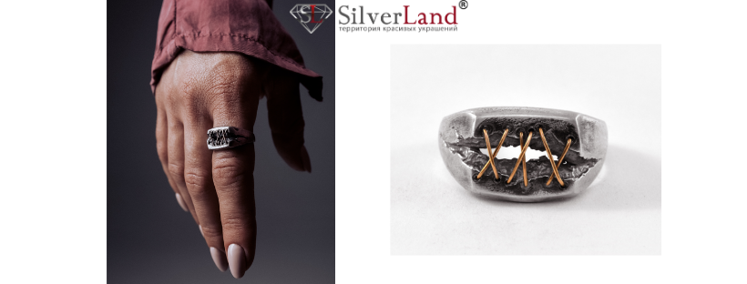 Картинка серебряные кольца с золотыми напайками мужские и женские в каталоге интернет магазина Сильверленд