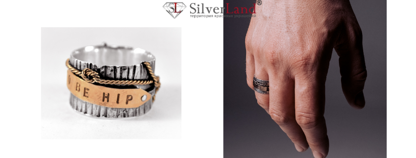 картинка стильные серебряные кольца с золотом мужские и женские в каталоге интернет магазина Сильверленд