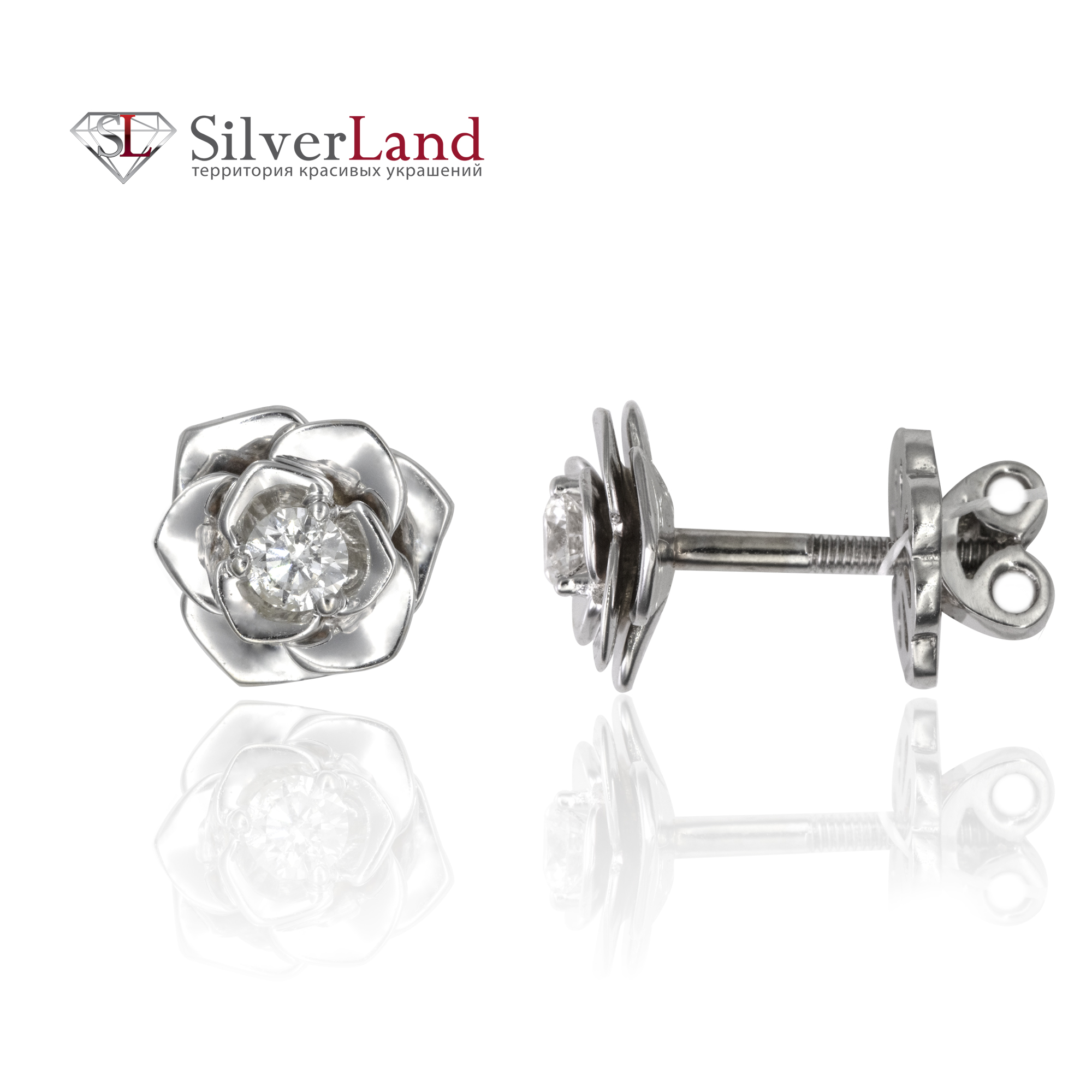 картинка сережки з діамантами у формі квітки в сільверленд ком юа