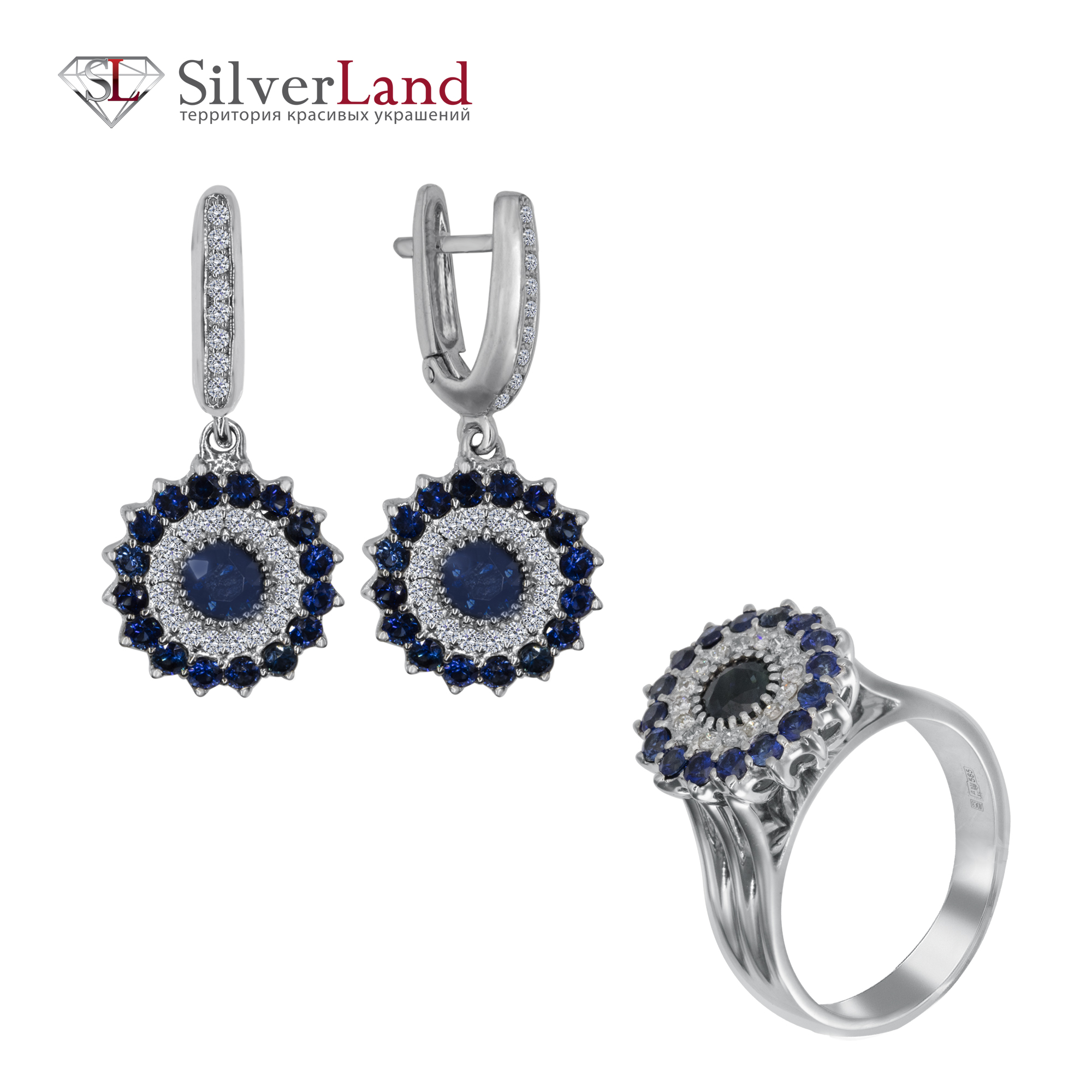 Изображение набор из кольца с серьгами из золота с драгоценными камнями и бриллиантами в каталоге Сильверленд